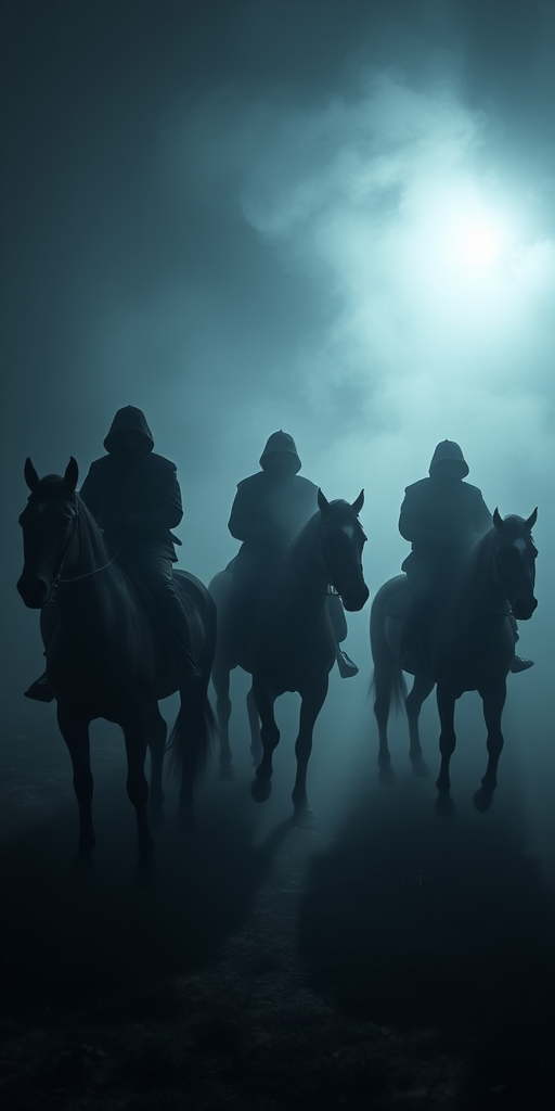 A dark, atmospheric scene of three ghostly figures on horseback shrouded in mist, high dynamic range photography, f/1.8 aperture, 35mm lens, ISO 100, soft focus, low-angle view, captured with a DSLR camera.