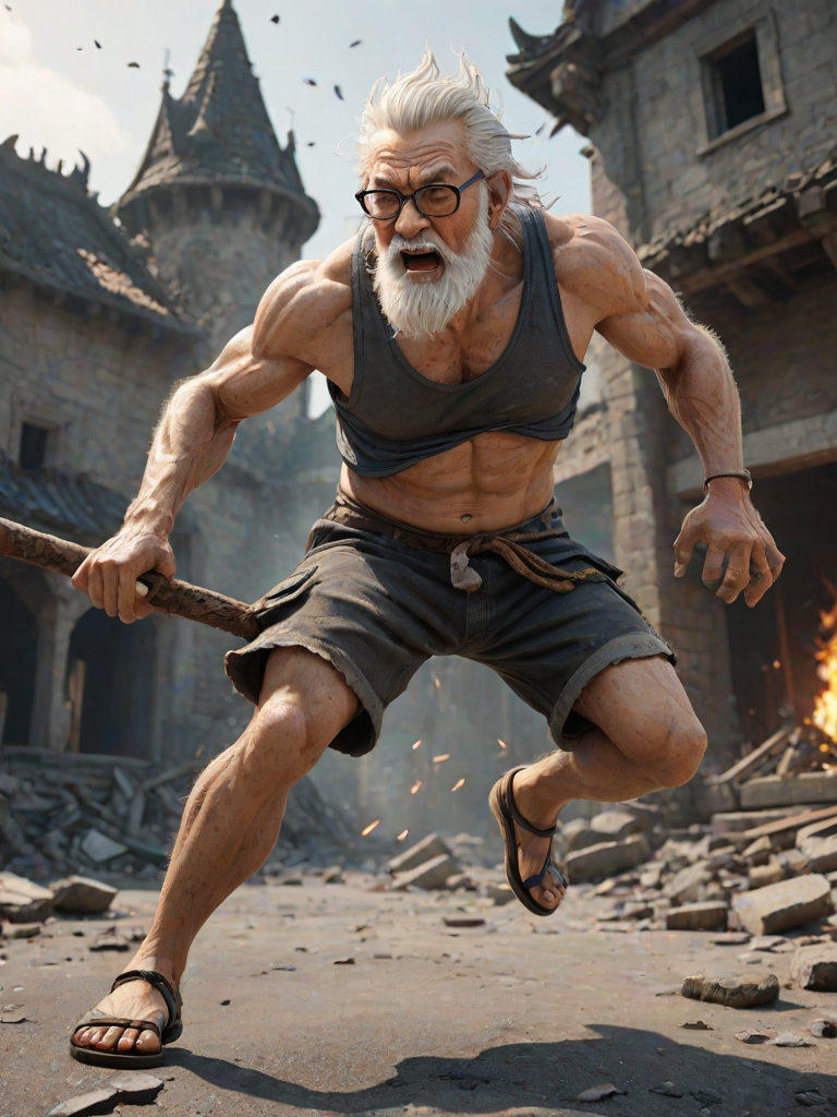 Cartoon 3D High-Resolution,dynamic battle scene using Unreal Engine 5 and Octane Render. The scene features back of an elderly, thai man with a beard,messy hair and round golden-rimmed glasses. He is wearing a tattered tank top with soot marks, shorts, and sandals. sweating. he wields a baseball bat. He jump to fight with a white fire-breathing Europe dragon amidst a partially destroyed stone castle. Include intense flames, smoke, and debris to enhance the dramatic effect.