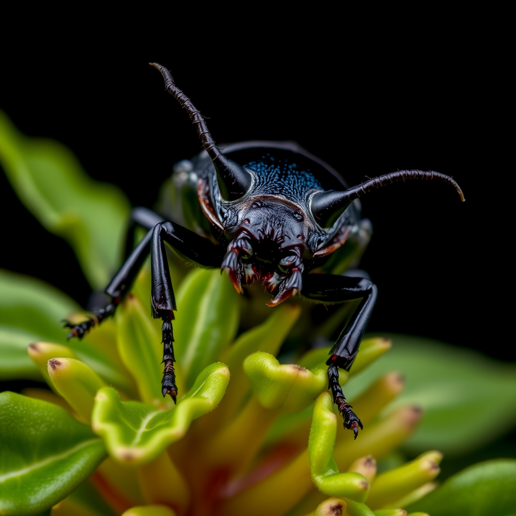 Close-up macro shot of a rhinoceros beetle on green foliage with dark background, f-stop f/11, shutter speed 1/200s, ISO 100, 100mm macro lens, studio lighting for enhanced detail and clarity.