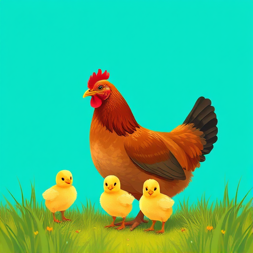 Create an illustrated scene of a brown hen with three yellow chicks in a grassy area against a solid turquoise background, using a Canon EOS R5 with a 50mm lens at f/1.8, ISO 100, and a soft focus style for enhanced depth and vibrancy.