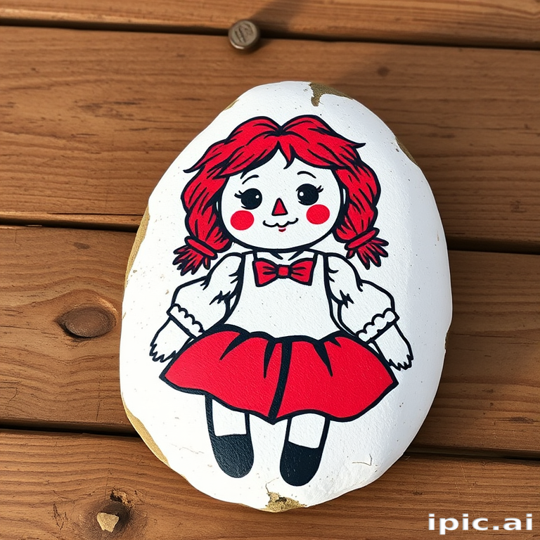 Raggedy Ann---drawn on a rock, an acrylic painted cartoon image of a Raggedy Ann doll with a white background. The rock sits on a wooden table