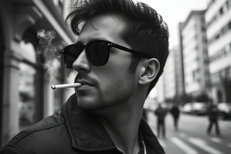 portrait of a man with sunglasses smoking a cigarette in a city setting, shallow depth of field, high contrast black and white, natural light, Canon EOS R5, 50mm f/1.2 lens, ISO 100, f/2.8, 1/250s, cinematic style, side view