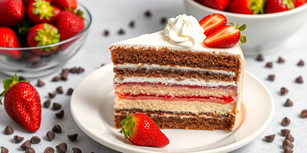 A slice of multi-layered cake on a white plate with chocolate, strawberry, and vanilla layers garnished with whipped cream and fresh strawberries on the side. The background includes a bowl of strawberries and chocolate chips scattered around.