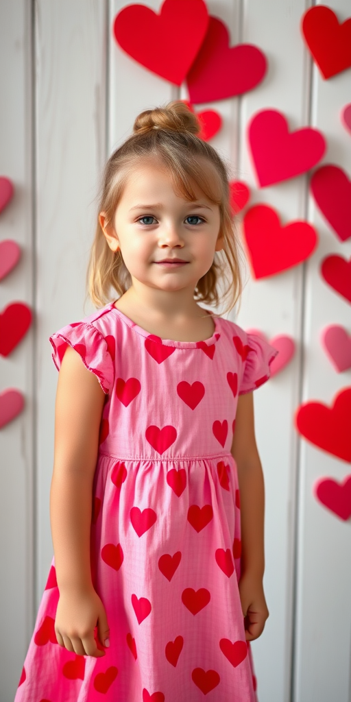 A young girl in a pink dress with red hearts stands in front of a white wooden wall decorated with hearts, shot with a Canon EOS 5D Mark IV, 50mm lens, f/2.8 aperture, ISO 100, in soft natural light, shallow depth of field, portrait view.
