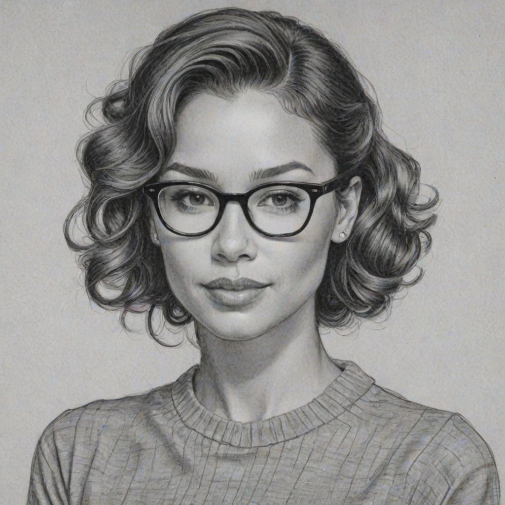 Wonderful Jessica Parker Kennedy, pencil sketch, portrait of Appealing woman 1952s in glasses, hair style beatnik, outline, clear lines, fine lines, 8k