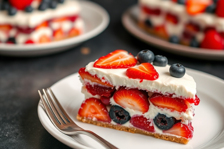 A close-up view of a slice of berry dessert with layers of cream and mixed berries including strawberries, raspberries, and blueberries on a white plate with a fork beside it, soft focus background with more dessert and a dark surface.