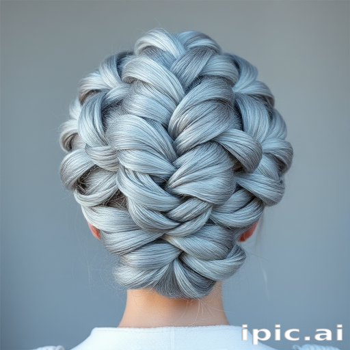 Intricate braided updo featuring a mix of silvery gray and pale blue strands woven into an elaborate crown-like structure, evoking an icy queen's regal appearance named Frost Empress