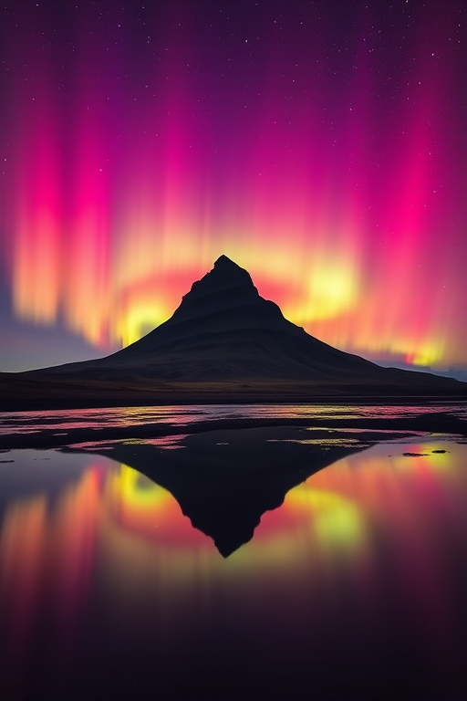 Regenerate a vibrant northern lights scene over Kirkjufell mountain at night with reflections in a calm water foreground, use a wide-angle lens, f/2.8 aperture, ISO 800, 30 seconds exposure, landscape orientation, DSLR camera settings.