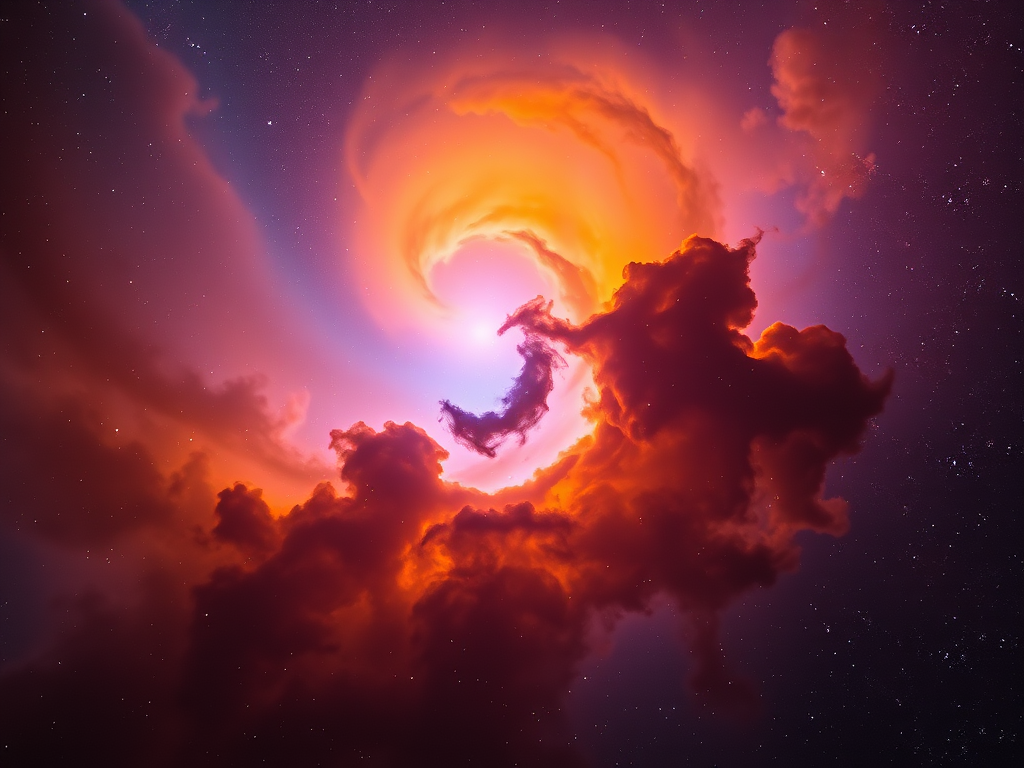 Generate a vibrant nebula scene with swirling clouds of orange, blue, and purple hues, capturing intricate details and star formations, using a DSLR camera with a 24mm lens at f/2.8, ISO 800, and a shutter speed of 1/100s, in astrophotography style.
