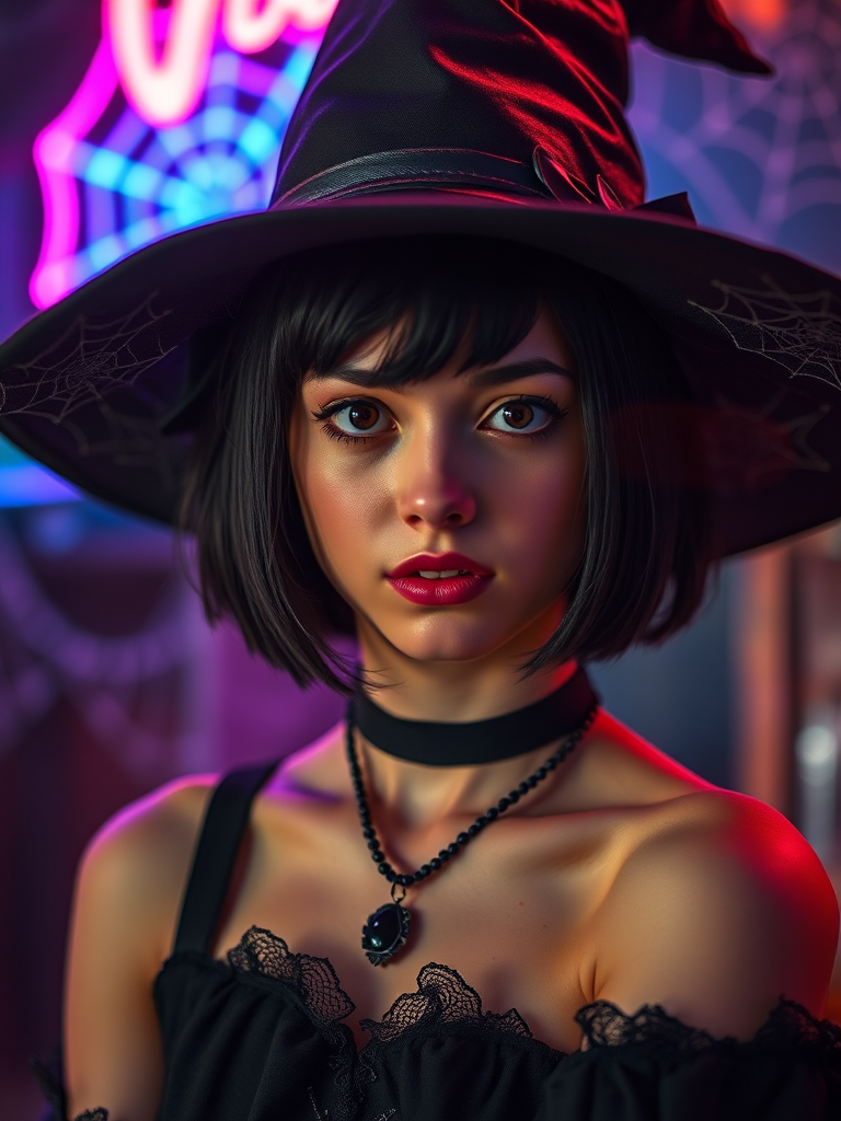 portrait of a young witch with short black hair wearing a wide-brimmed hat and gothic attire, vibrant neon lighting with spider webs in the background, 50mm lens, f/1.8 aperture, ISO 100, shot at dusk, high dynamic range, shallow depth of field, soft focus style, digital camera