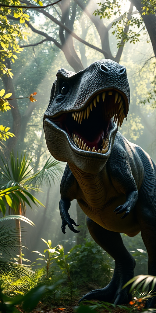 Create a hyper-realistic image of a Tyrannosaurus rex in a lush, misty jungle with dappled sunlight streaming through the trees, 35mm lens, f/2.8 aperture, ISO 100, shot from a low angle to emphasize the dinosaur's imposing size, using a DSLR camera.
