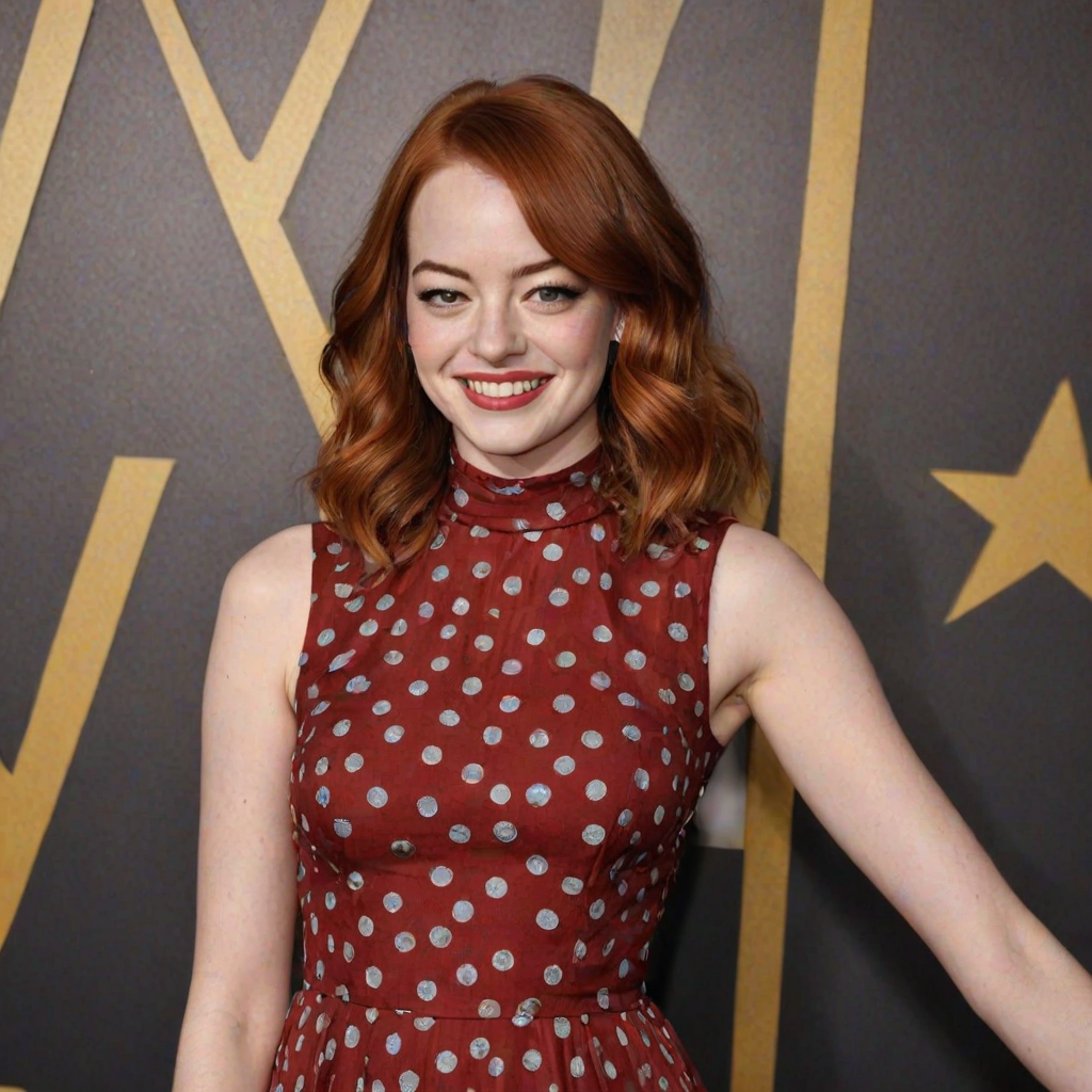 Charismatic "Emma Stone" flashing her signature smile, wearing a vintage-inspired polka dot dress, channeling her La La Land character's charm, with her vibrant red hair styled in loose waves, standing in front of a classic Hollywood backdrop