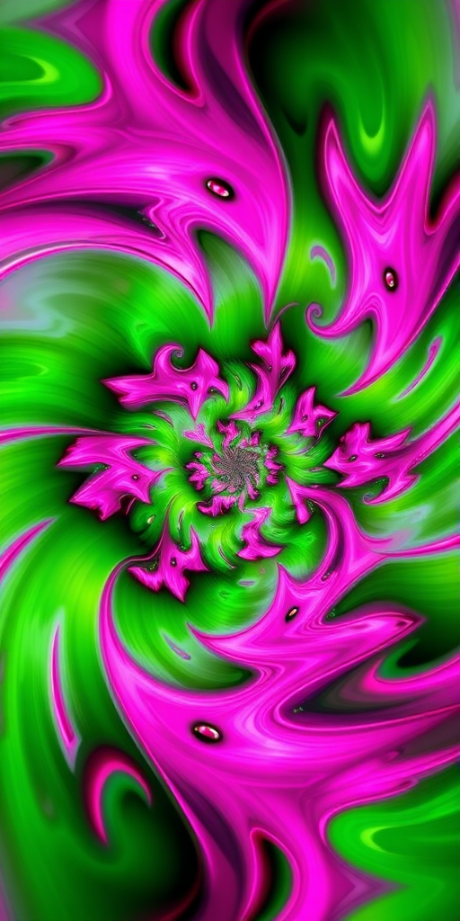Create a high-resolution abstract fractal design featuring swirling patterns in vibrant green and pink colors, using a Canon EOS 5D Mark IV with a 50mm f/1.8 lens, aperture set to f/4, ISO 100, and a shutter speed of 1/125 sec, capturing a soft focus background and bright contrast to enhance depth and detail.