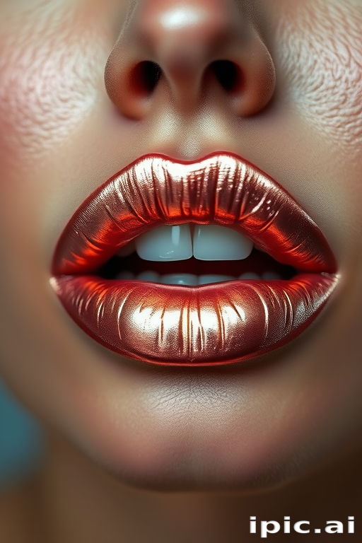 Exquisite portrait featuring metallic rose gold lips with a holographic sheen, highlighting unique light-reflecting properties and dimensional depth