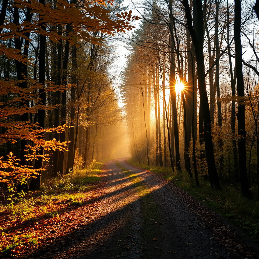 capture a serene forest path during autumn with golden sunlight filtering through the trees, f/8 aperture, ISO 200, 50mm lens, soft focus style, DSLR camera, early morning light