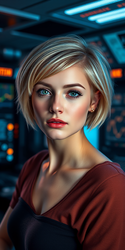 Create a highly detailed digital artwork of a young woman with short blonde hair and a confident expression in a high-tech control room, illuminated by ambient blue and orange lights, using a Canon EOS R5, 50mm f/1.2 lens, ISO 100, aperture f/1.2, 1/100s shutter speed.