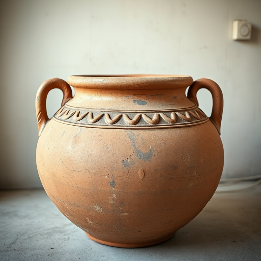 large ancient clay pot with two handles and decorative band, soft natural lighting, 50mm lens, f/4 aperture, ISO 200, 45-degree angle view, DSLR camera, high-resolution image