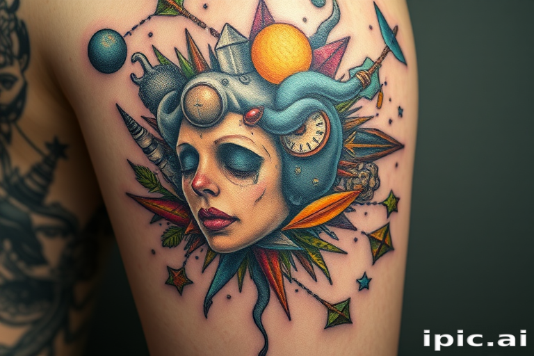 Surrealist tattoo named "Dream Fusion" combining disparate elements in unexpected ways creating a dreamlike scene with distorted perspectives and impossible juxtapositions
