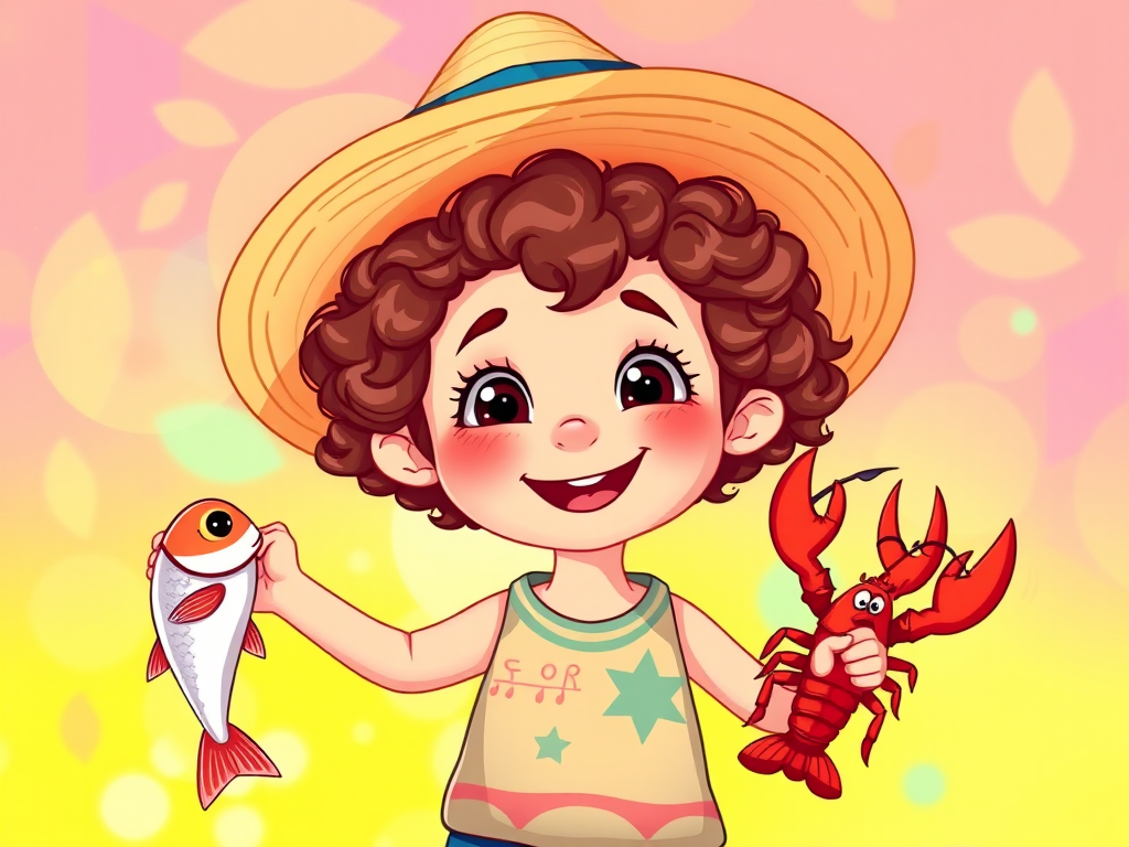 Generate a vibrant cartoon illustration of a smiling child with curly hair wearing a large straw hat, holding a fish in one hand and a lobster in the other, with a bright, colorful background, using a Canon EOS R5, focal length 35mm, aperture f/2.8, ISO 100, and a vibrant color profile for enhanced image quality.