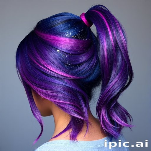 Cosmic galaxy hair featuring a swirling blend of deep purples, blues, and pinks with glittering silver accents, styled in a sleek high ponytail