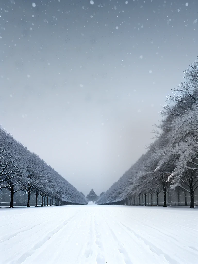 A Serene Winter Landscape with Snow-Covered Trees and a Tranquil Pathway.
