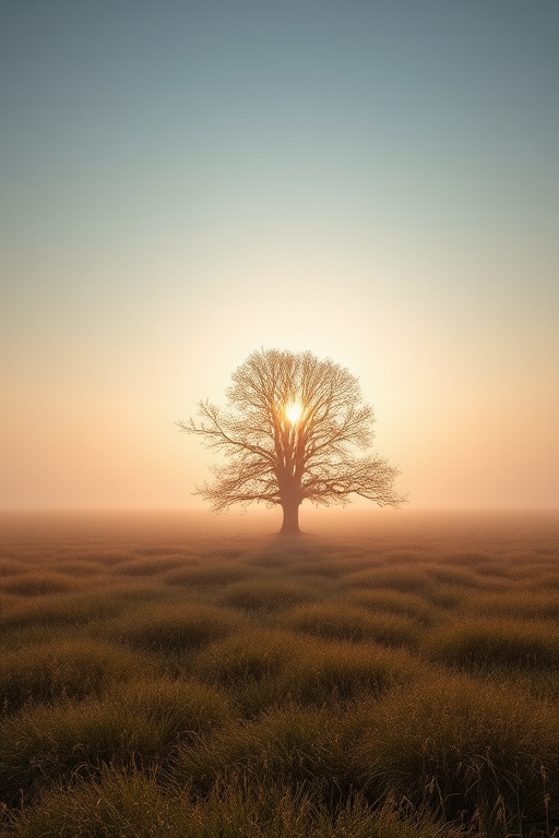 a solitary tree in a misty field during early morning light, wide shot, ISO 100, f/8, 1/250s, DSLR, natural lighting
