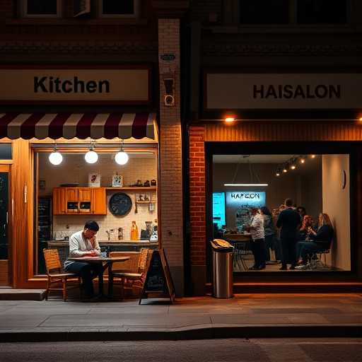 Capture a nighttime scene of two contrasting businesses side by side, one a cozy kitchen with a person working at a table and the other a modern hair salon with clients and stylists, using a Canon EOS R5 with a 50mm f/1.2 lens at ISO 800, f/2.8, and a shutter speed of 1/60s, in low-light conditions to highlight the warm and cool tones.