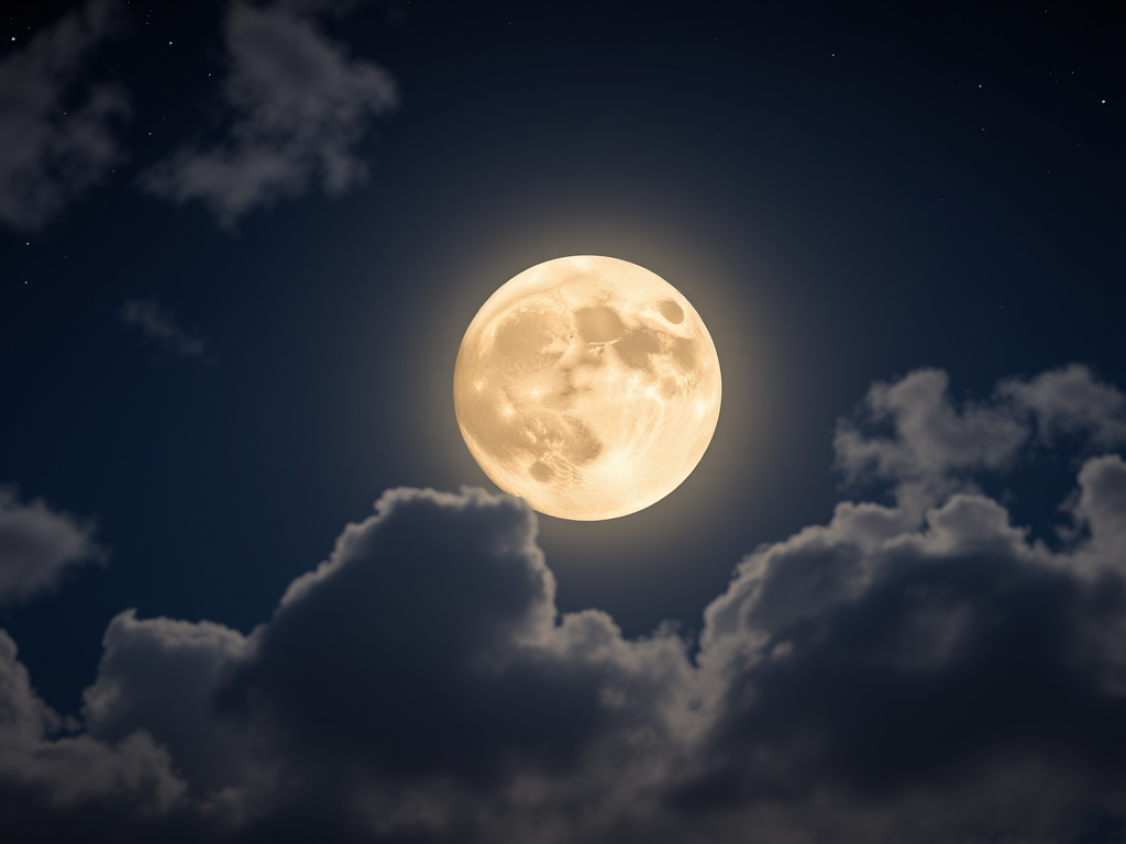 Generate a dreamy night sky with a large, bright moon surrounded by soft, fluffy clouds and a hint of twinkling stars, captured with a DSLR camera at f/2.8, ISO 100, shutter speed 1/60s, wide-angle lens, HDR style for enhanced details and vibrant colors.