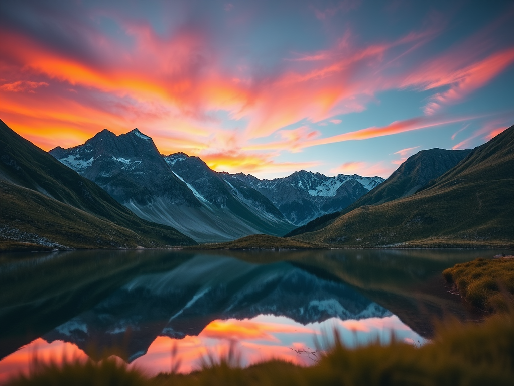 Create a high-resolution image of a serene mountain landscape during sunrise, with vibrant colors in the sky, a clear lake reflecting the mountains in the foreground, using a Canon EOS R5 camera, 24mm lens, aperture f/8, ISO 100, shutter speed 1/125s, taken from a low angle perspective with a slight foreground blur for depth.