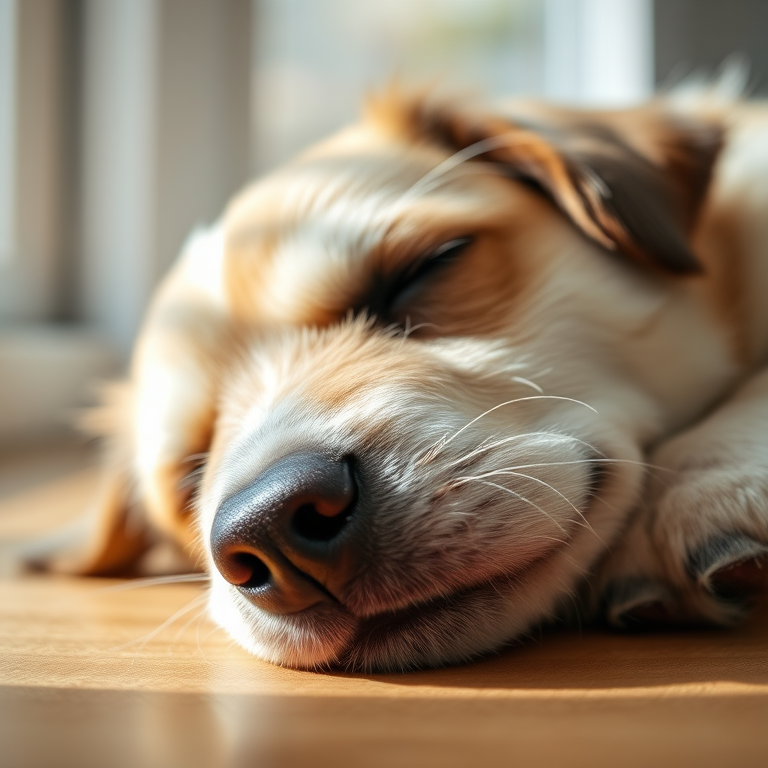 A close-up shot of a sleeping dog with a soft focus, natural light from a window, 50mm lens, aperture set to f/2.8, ISO 200, with a shallow depth of field to enhance the softness of the fur and background blur.