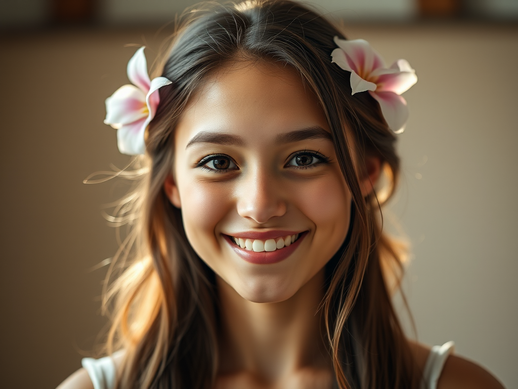 portrait of a smiling young woman with flower accents in her hair, soft lighting, high resolution, 85mm lens, f/1.8 aperture, ISO 100, natural light, taken at eye level