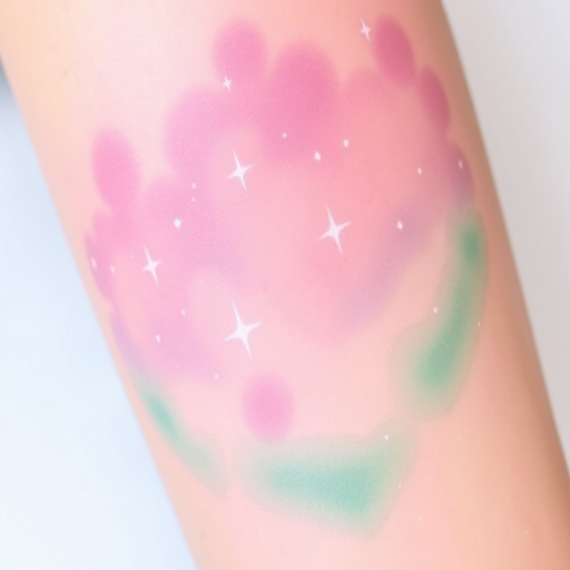 Ethereal pastel gradient tattoo named "Celestial Dreamscape" portraying a dreamy galaxy scene with soft pink, lavender, and mint green hues dotted with shimmering white ink stars