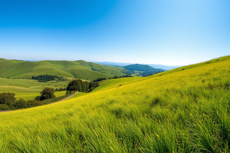 Generate a high-quality image of a serene landscape with rolling hills, a clear blue sky, and vibrant green grass, captured with a DSLR camera, 50mm lens, f/1.8 aperture, ISO 100, 1/200 second shutter speed, natural lighting, wide-angle perspective.
