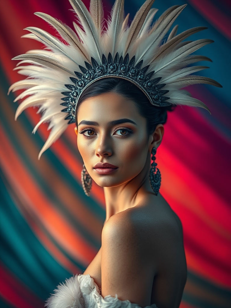 Create a stunning portrait of a woman with intricate feathered headpiece and dramatic colors in the background, using a Canon EOS R5 camera, 50mm lens, aperture f/1.8, ISO 100, 1/200s shutter speed, with a soft focus style.