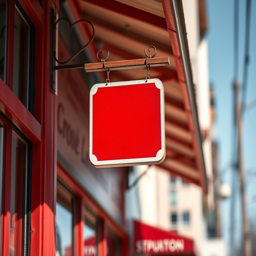 Create a vivid image of a hanging red sign with a white border, captured with a DSLR camera at f/2.8 aperture, ISO 100, 1/200 sec shutter speed, taken from a close-up angle with a shallow depth of field to emphasize the sign against a blurred background.