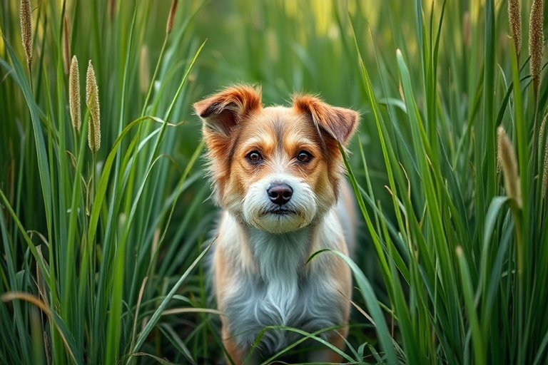 A medium-sized dog with short fur standing among tall green grass, captured with a Canon EOS R5, 50mm lens, f/1.8 aperture, 1/200 sec shutter speed, natural lighting with a slight vignette for depth.