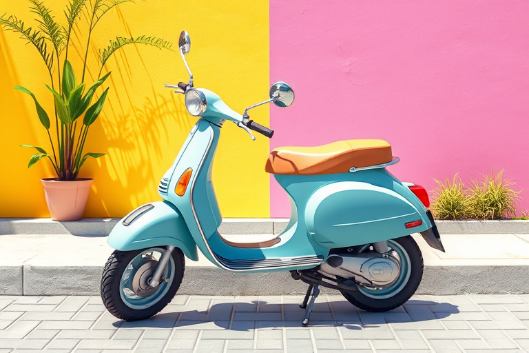 Create a vibrant illustration of a vintage scooter in a minimalist style, using a high-resolution 4K format, with a focal length of 35mm, aperture set to f/8 for depth of field, and a bright, natural lighting setup to enhance colors.