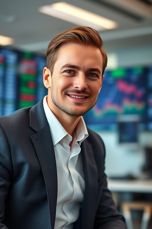 portrait of a confident man in a suit sitting in an office with stock market screens in the background, soft bokeh effect, 50mm lens, f/1.8, ISO 200, natural lighting, shot with a DSLR camera