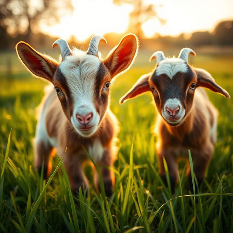 Capture a close-up of two playful baby goats in a lush green field during golden hour, with a shallow depth of field (f/2.8), ISO 200, and a focal length of 70mm, using a DSLR camera with a natural light setting to enhance the softness of their fur and the vividness of the grass.