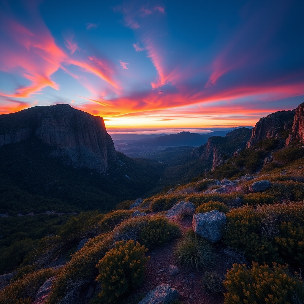 Generate a vibrant landscape image with a wide-angle view captured at sunrise, using a Canon EOS R5, ISO 100, f/8 aperture, 1/200s shutter speed, and a polarizing filter to enhance colors and contrast.