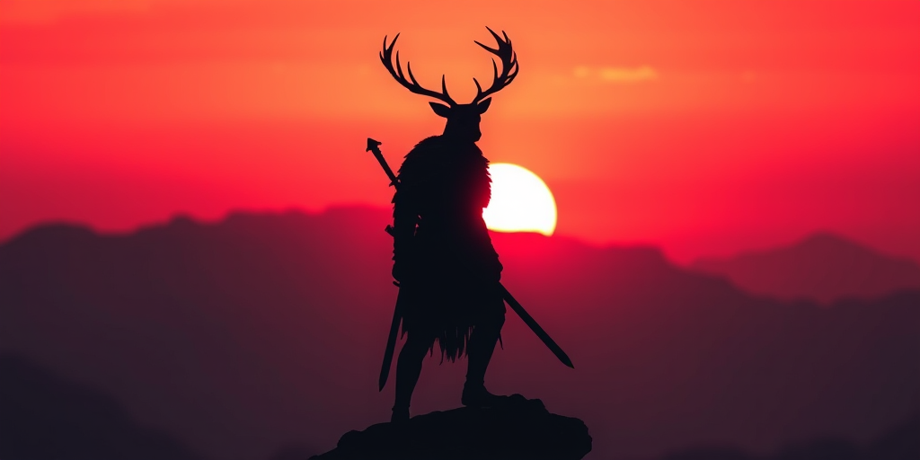 Create a dark silhouette of a deer-headed warrior, standing on a mountain peak against a vibrant red sunset background, using a full-frame DSLR camera, aperture f/2.8, ISO 200, shutter speed 1/500s, with a shallow depth of field to focus on the warrior and a soft bokeh effect for the background.