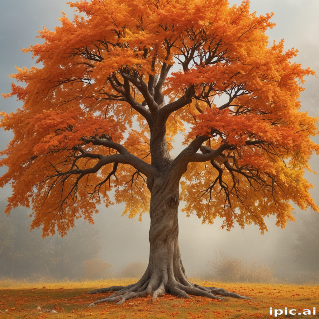 A Majestic Autumn Tree Displaying Vibrant Orange Leaves in a Misty ...