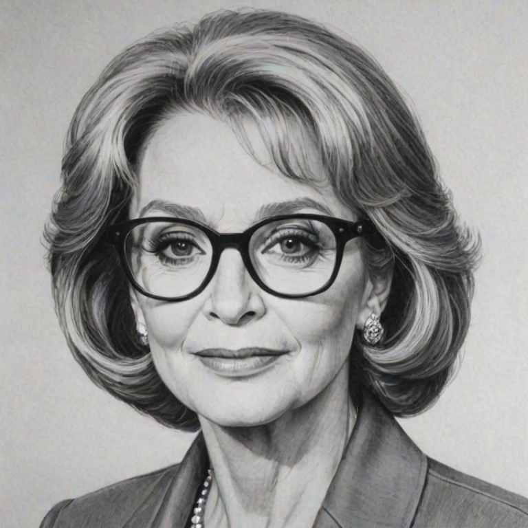Radiant Barbara Walters, pencil sketch, portrait of Stunning woman 1979s in glasses, hair style beatnik, outline, clear lines, fine lines, 8k