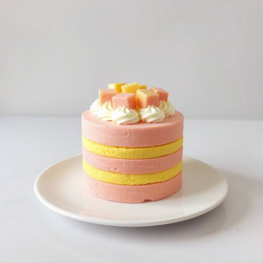 A beautifully decorated cake with layers of pink and yellow sponge, topped with whipped cream and small squares of cake, presented on a white plate against a soft gray background.
