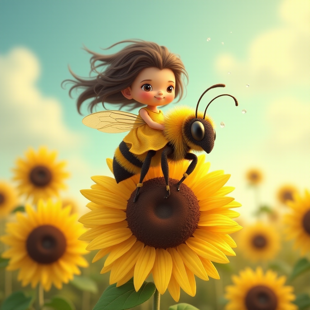 a whimsical cute girl with big eyes, big hair and flowing dress, riding astride a bumble bee, and flying across the top of the sunflower, which are just waking up, and catching dew drop of rain