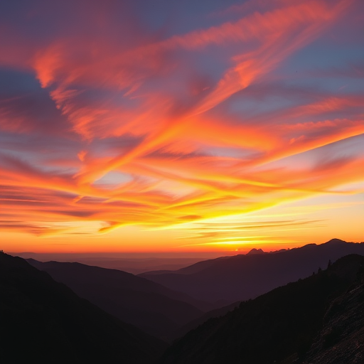 Create a high-resolution image of a serene mountain landscape at sunrise with vibrant colors in the sky, camera settings at f/8, ISO 100, shutter speed 1/125s, viewed from a high vantage point using a DSLR camera with a wide-angle lens for enhanced depth and clarity.