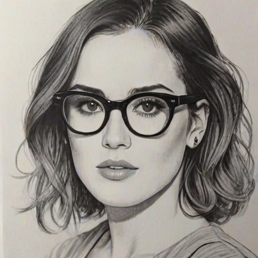 Splendid Rumer Willis, pencil sketch, portrait of Fascinating woman 1965s in glasses, hair style beatnik, outline, clear lines, fine lines, 8k