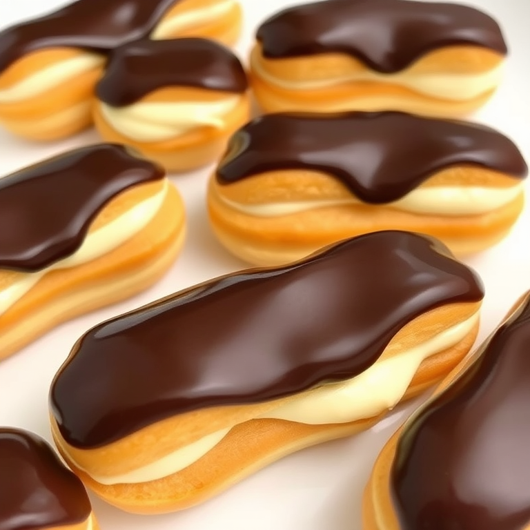 Create an image of several delicious eclairs filled with creamy vanilla frosting and topped with shiny chocolate glaze arranged on a white surface. The eclairs should have a golden brown pastry exterior and a rich contrast between the dark chocolate and the light cream filling.