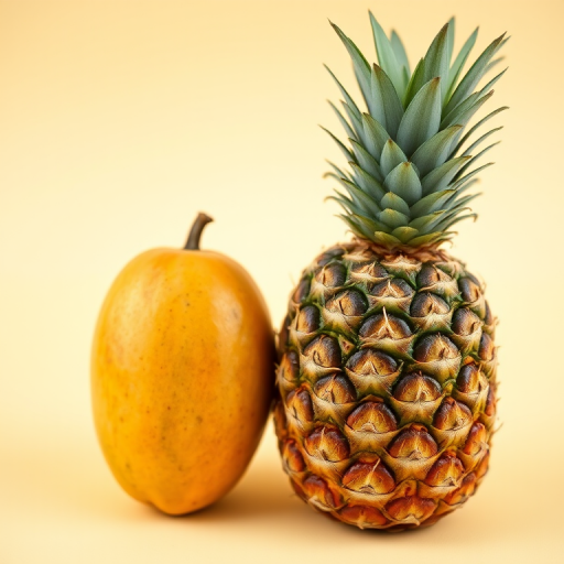 Generate a high-quality image of a mango and a pineapple on a plain background using a DSLR camera with a 50mm lens, aperture f/2.8, ISO 100, and a shallow depth of field for a soft background blur.