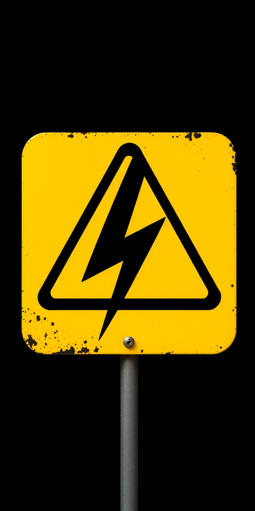 Create a vivid illustration of a yellow warning sign with a black lightning bolt in the center, shot with a DSLR camera at f/8 aperture, 50mm lens, ISO 100, in high definition, with a clean black background for contrast.